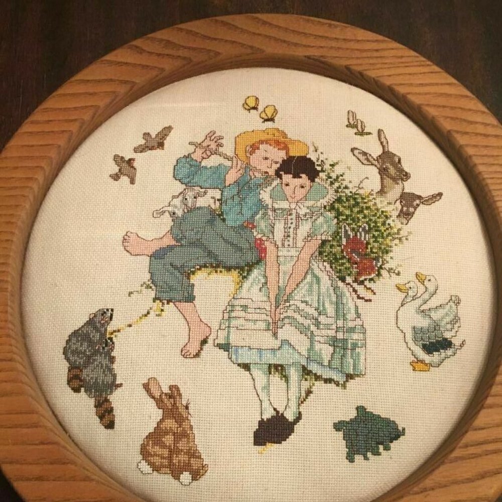 Vintage Completed Cross Stitch Art w/Children